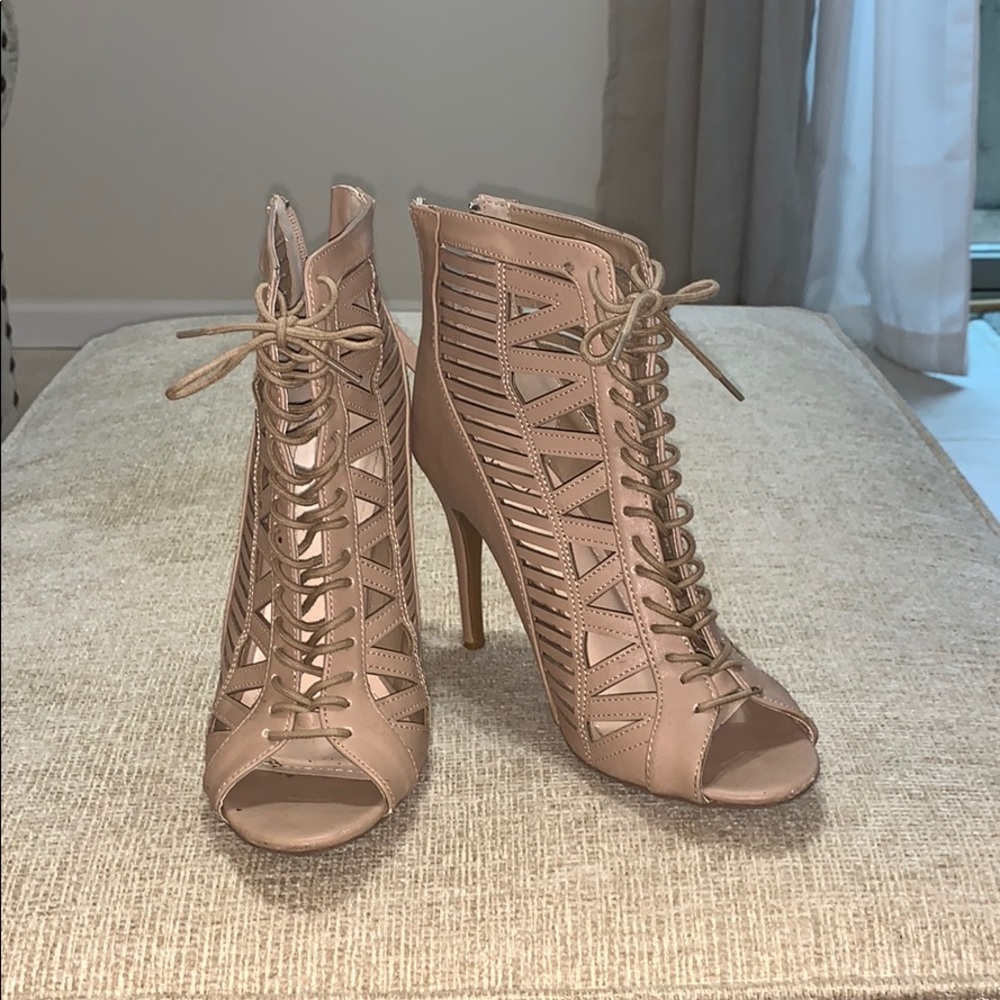 Peep toe lace up heels